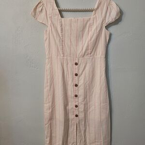 GB Girls Cute Pink Stripe dress with wood buttons! Linen/Cotton Shell!